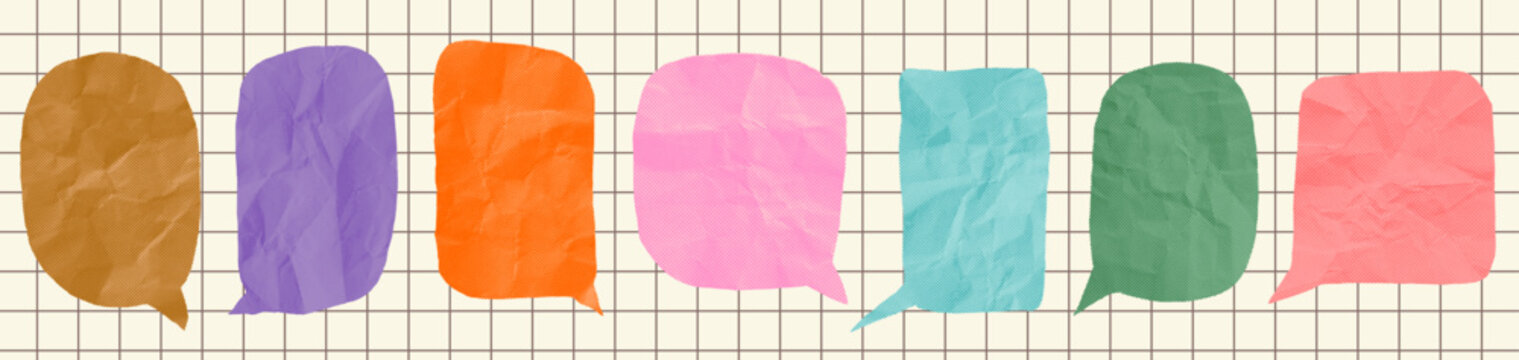 Cute colorful vector scrapbook speech bubble shapes, crumpled paper text box elements for backgrounds, posters, zines and collages