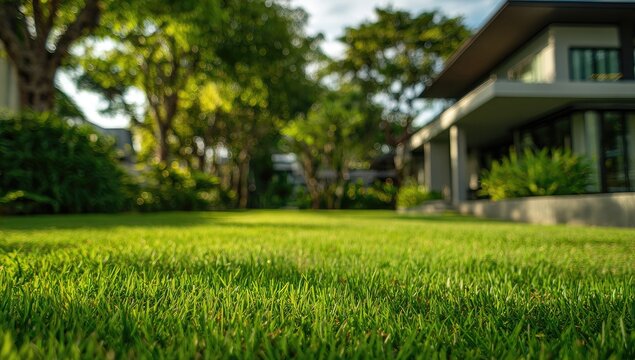 Lush green lawn in foreground, modern house and trees blurred in background