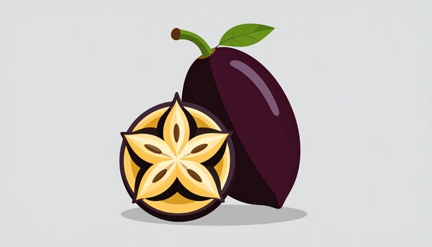 Minimalist split akebia fruit with star-shaped seeds and fresh green leaf