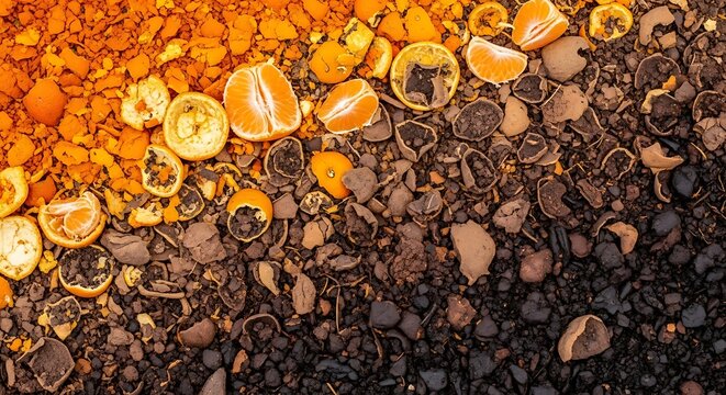 Compost pile with orange peels and coffee grounds decomposition process
