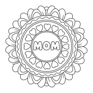 Mandala mom lettering coloring page with heart pattern decorative floral design