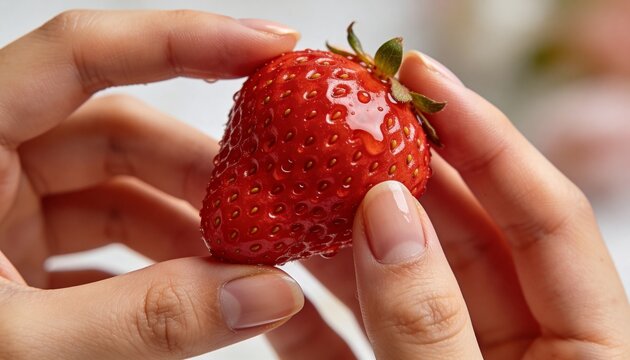 A person is holding a ripe red strawberry between their thumb and index finger.
