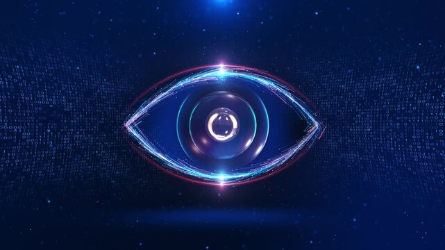 Futuristic Digital Eye Technology cyber eye binary code light effects AI vision surveillance. for cybersecurity visuals, artificial intelligence , tech presentations, data monitoring, innovation 3D