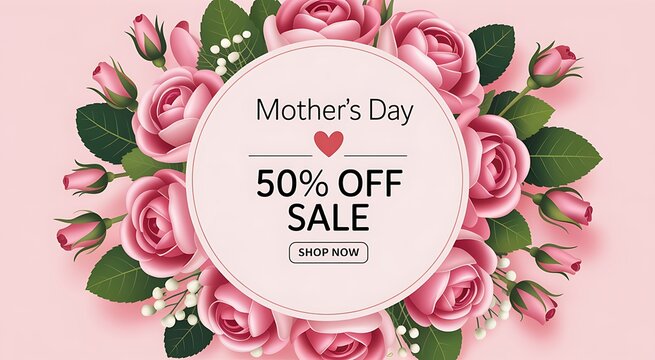 Mother's Day sale banner with pink roses and 50% off discount