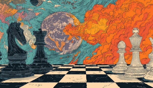Epic chess game on a doomed planet, fiery chaos erupts