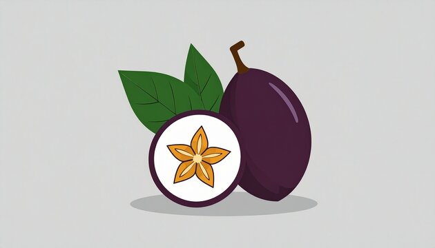 Minimalist split akebia fruit with star-shaped seed and green leaves on white background