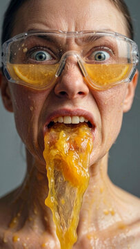 Portrait of a woman wearing goggles filled with orange slices and juice