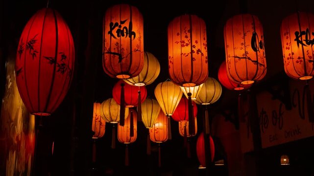 Traditional red and yellow asian lanterns illuminating a dark night, providing a warm, festive glow, symbolizing cultural heritage, celebration, and tradition