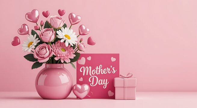 Pink Mother's Day bouquet flowers vase with gift and card
