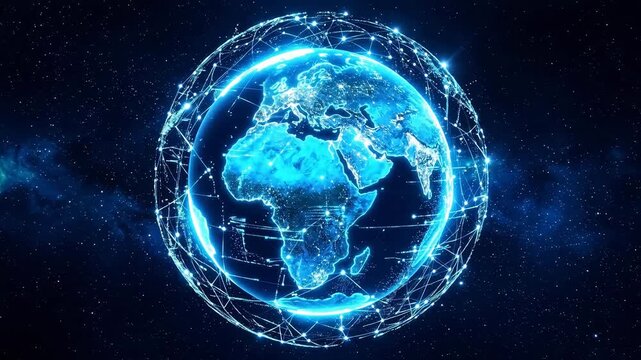 Futuristic glowing blue holographic globe of Earth floating against a deep dark navy background, interconnected by intricate data networks.
