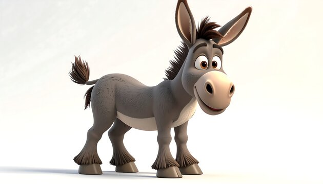 Animated donkey character, gray fur, large eyes, smiling, white background