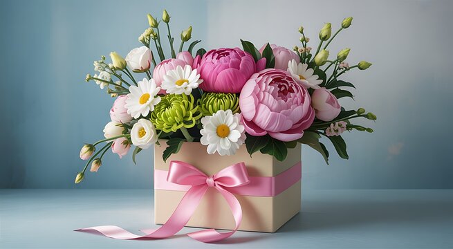 Gift box with bouquet of flowers, pink ribbon, floral arrangement