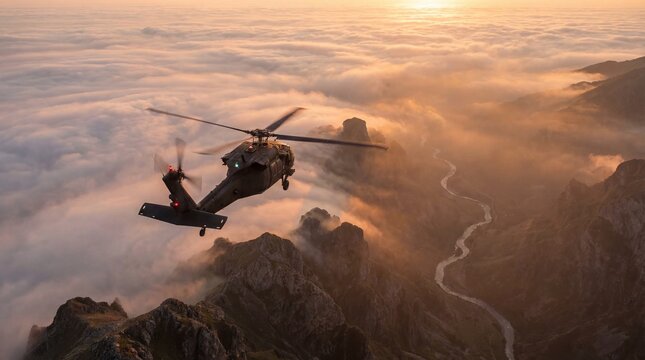 Military helicopter flying over mountains and clouds at sunset