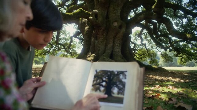 Lifting album page, nan in dress, ringed hand pointing at print under oak, boy leaning reminiscing