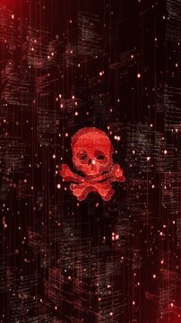 Cyber Attack Malware Alert with Red Digital Skull Code crossbones on a dark background filled with binary code. Perfect for illustrating hacking, ransomware, cyber warfare, and computer virus threats.