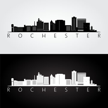 Rochester, MN skyline and landmarks silhouette, black and white design, vector illustration.  