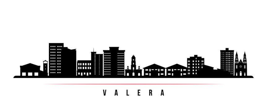 Valera skyline horizontal banner. Black and white silhouette of Valera, Venezuela. Vector template for your design. 