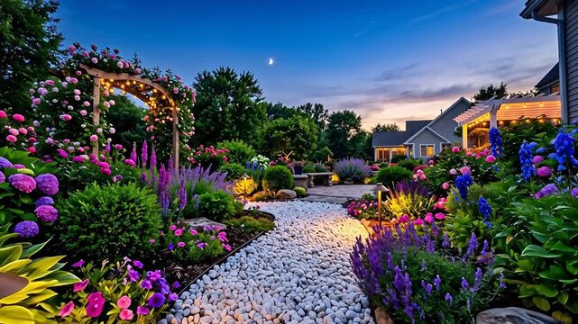 Enchanting landscaped backyard garden pathway winding with smooth white river rocks, bordered by vibrant green shrubs and blooming flowers.