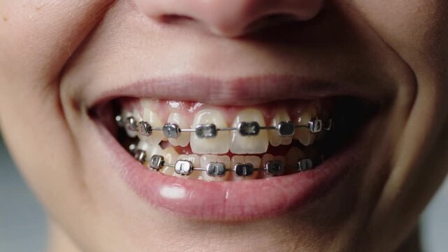 Camera starting, mouth holding broad smile revealing metal braces and teeth in studio closeup