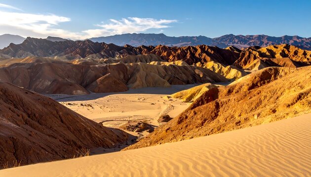 Desert landscape with textured sand dunes and colorful mountain range under a partly cloudy blue sky