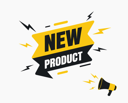 Megaphone with &ldquo;New Product&rdquo; speech bubble, editable vector illustration for business marketing, product launch announcements, promotions, and advertising banners.