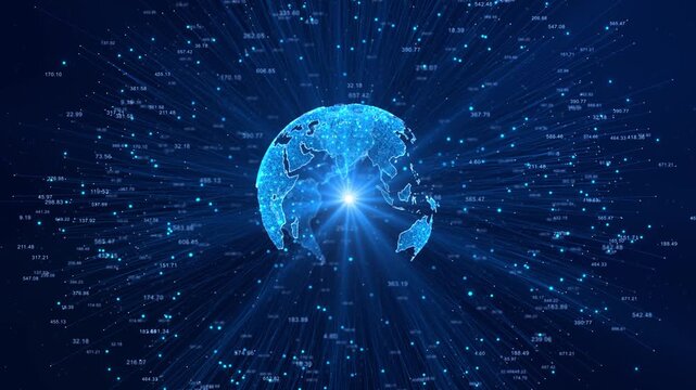 Futuristic global world network Connection lines Earth Globe, Motion of digital data flow Technology Background Light Effect. planet Earth hologram cyberspace. World map dots HUD Big data circles 3D