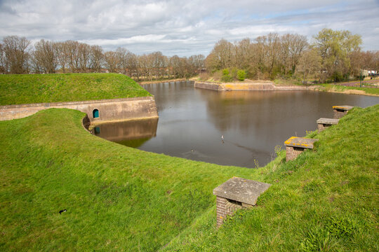 entrance road to naarden vesting in the netherlands seen from fortifications