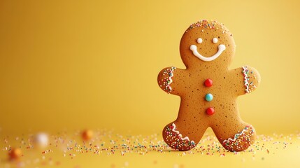 Fototapeta premium Gingerbread cookie on yellow backdrop