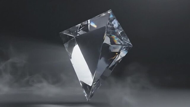 A multifaceted geometric crystal refracts light with a radiant glow, surrounded by ethereal wisps of smoke against a dark, moody background