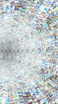 Media Tunnel Journey With Turn And Light Rays - 3d 4k vertical animation (2160 x 3840px)