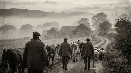Naklejka premium Old Farm Family Herding Cattle and Sheep on Dirt Road in Misty Rural Landscape
