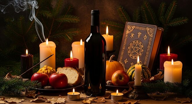 Mystical Still Life - Candles, Wine, and Ancient Book.