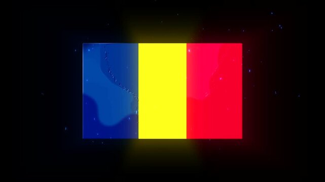 Chad flag made of small glowing particles on dark background with blue red and yellow colours