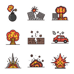 Fototapeta premium Explosion Icon Set: Bomb, Car, Building Destruction, and Atomic Blast Symbols