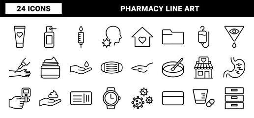 Naklejka premium Medical and pharmacy minimalist outline icon set