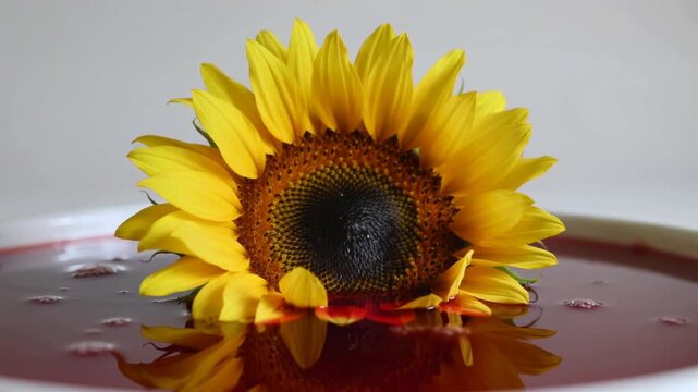 Floating yellow sunflower head rocking in red bowl, droplets making ripples, shifting reflection