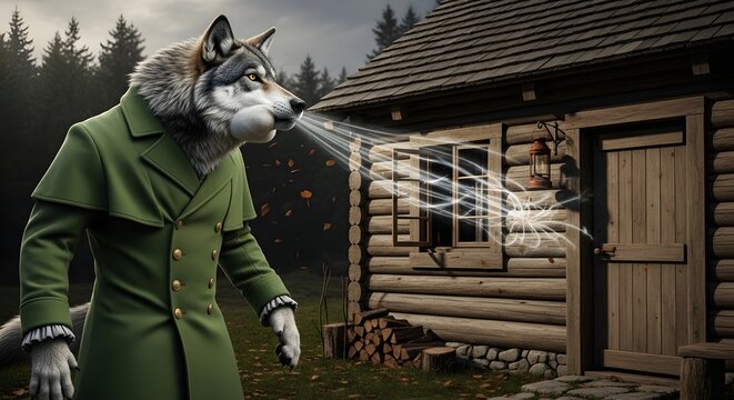 Wolf in a green coat blows air toward a wooden cabin standing in a dark forest setting during the evening.