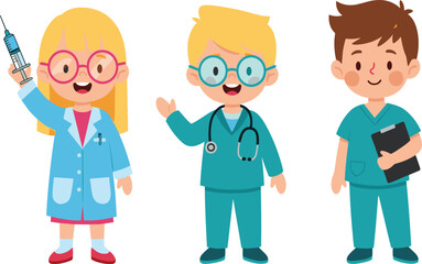 Fototapeta premium Cute Cartoon Kids Doctor Characters Set Featuring Children Dressed as Medical Professionals Holding Syringe Stethoscope and Clipboard for Healthcare Illustration Design.