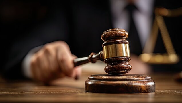 Judge's gavel and scales of justice on a wooden table