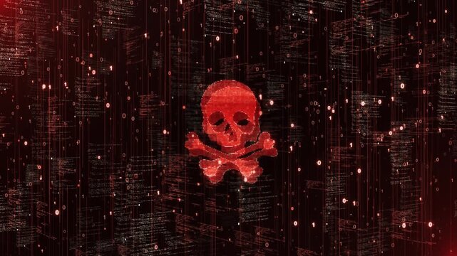 Digital Malware Skull Icon Red Matrix Data Code Digital Malware skull crossbones falling binary code and digital scripts. Perfect for cyber attack alerts, malware infections, dark web security 3D 4K