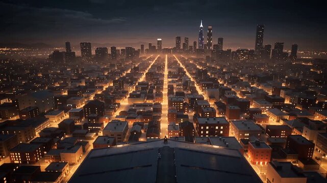 Pulling back camera showing skyline on roof, man wearing dark coat standing watching city grid
