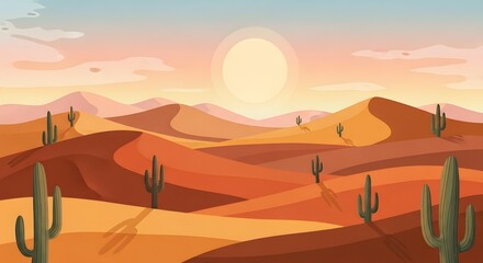 Fototapeta premium Pixel art desert landscape with rolling sand dunes and saguaro cacti under a warm setting sun