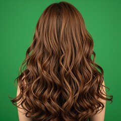 Fototapeta premium Rear View of a Woman with Long Wavy Brown Hair Against a Solid Green Background, Showcasing Healthy, Shiny Curls for Beauty and Hair Care Concepts.
