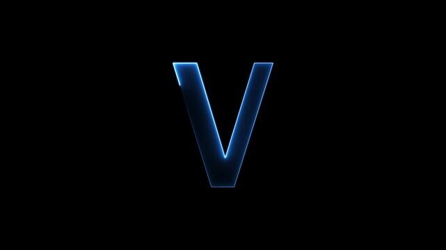 Glowing neon letter 'V' symbol, a shiny light font illustration on a black background English alphabet education type word writing letter text effect smooth footage sign symbol with black background