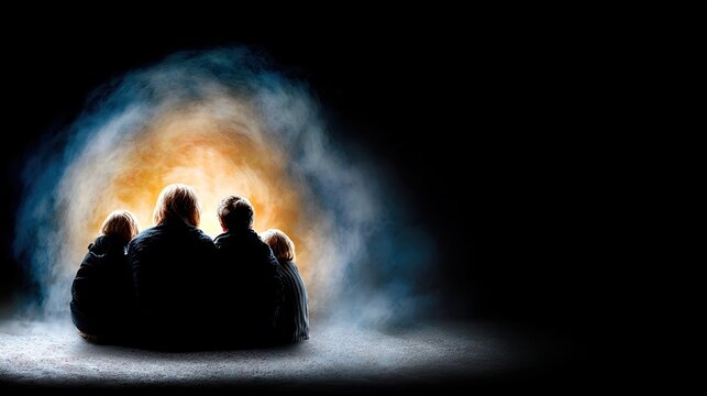 Illuminated Companions: A group of friends huddle together, illuminated by a warm, ethereal light, sharing a moment of togetherness against a vast, dark backdrop.