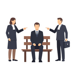 Obraz premium Two lawyers pointing at a man sitting on a bench, accusation, blame, legal dispute concept
