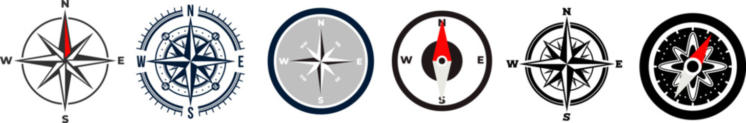 Compass icon with basic compass rose logo collection. Navigational compass symbols showing cardinal directions. Vector icons isolated on white background for maps, travel, navigation themes set. © Anatoliy