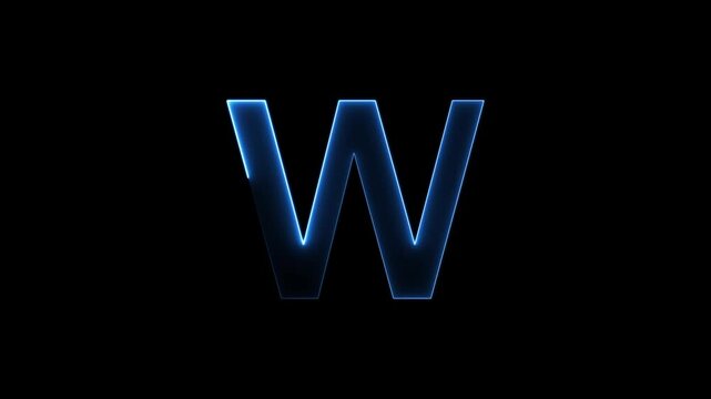 Glowing neon letter 'W' symbol, a shiny light font illustration on a black background English alphabet education type word writing letter text effect smooth footage sign symbol with black background