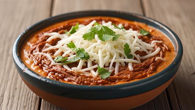 A close-up shot of a bowl of hearty refried beans topped with shredded cheese and fresh cilantro.