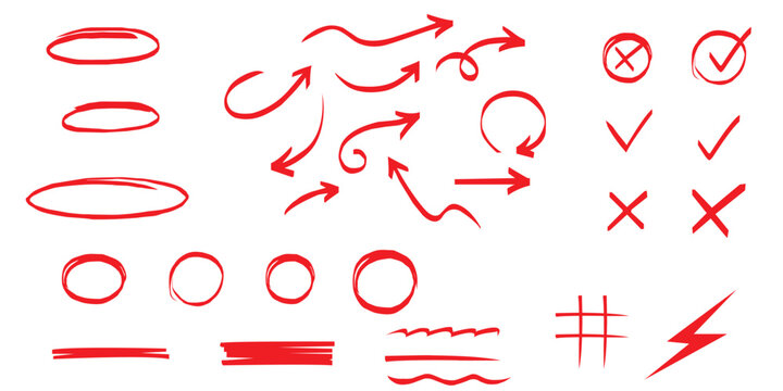 Line marker highlight, arrow, check mark red set. Line red marker hand drawn pen brush stroke underline check. Star oval sticker sign note scribble emphasis icon element. Vector illustration